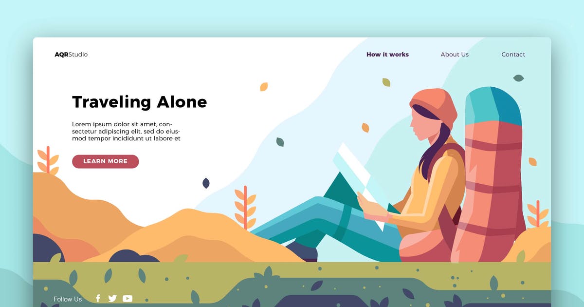 户外旅行概念插画网站Banner＆着陆页设计模板 Traveling Alone – Banner & Landing Page插图