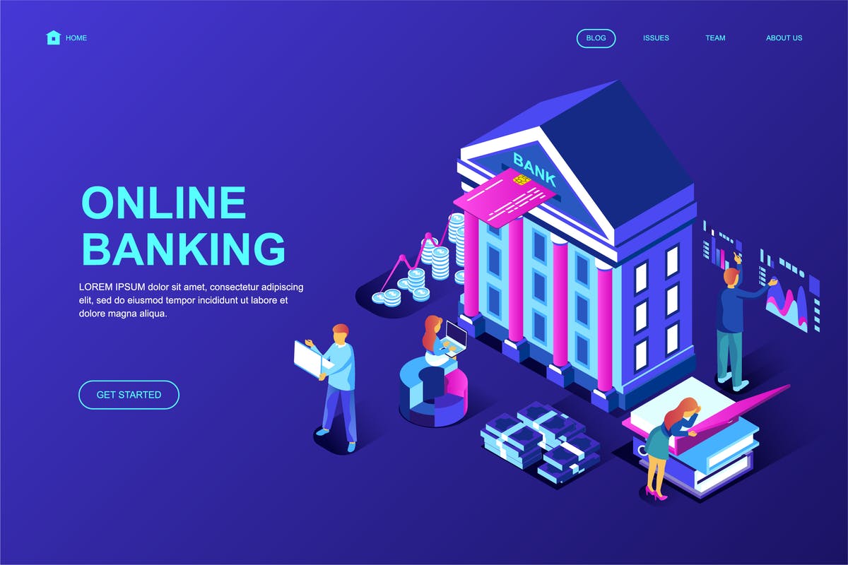网上银行等距概念插画网站着陆页设计模板 Online Banking Isometric Landing Page Template插图