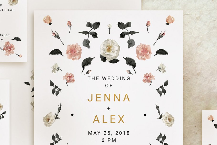 玫瑰金花卉婚礼邀请函设计套装 Rose Gold Wedding Invitation Suite插图(2)