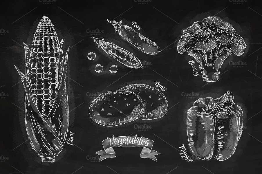 蔬菜粉笔画矢量插画 Vegetables chalk插图(3)