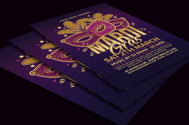 狂欢节面具舞会传单海报设计模板 Mardi Gras Flyer插图(3)