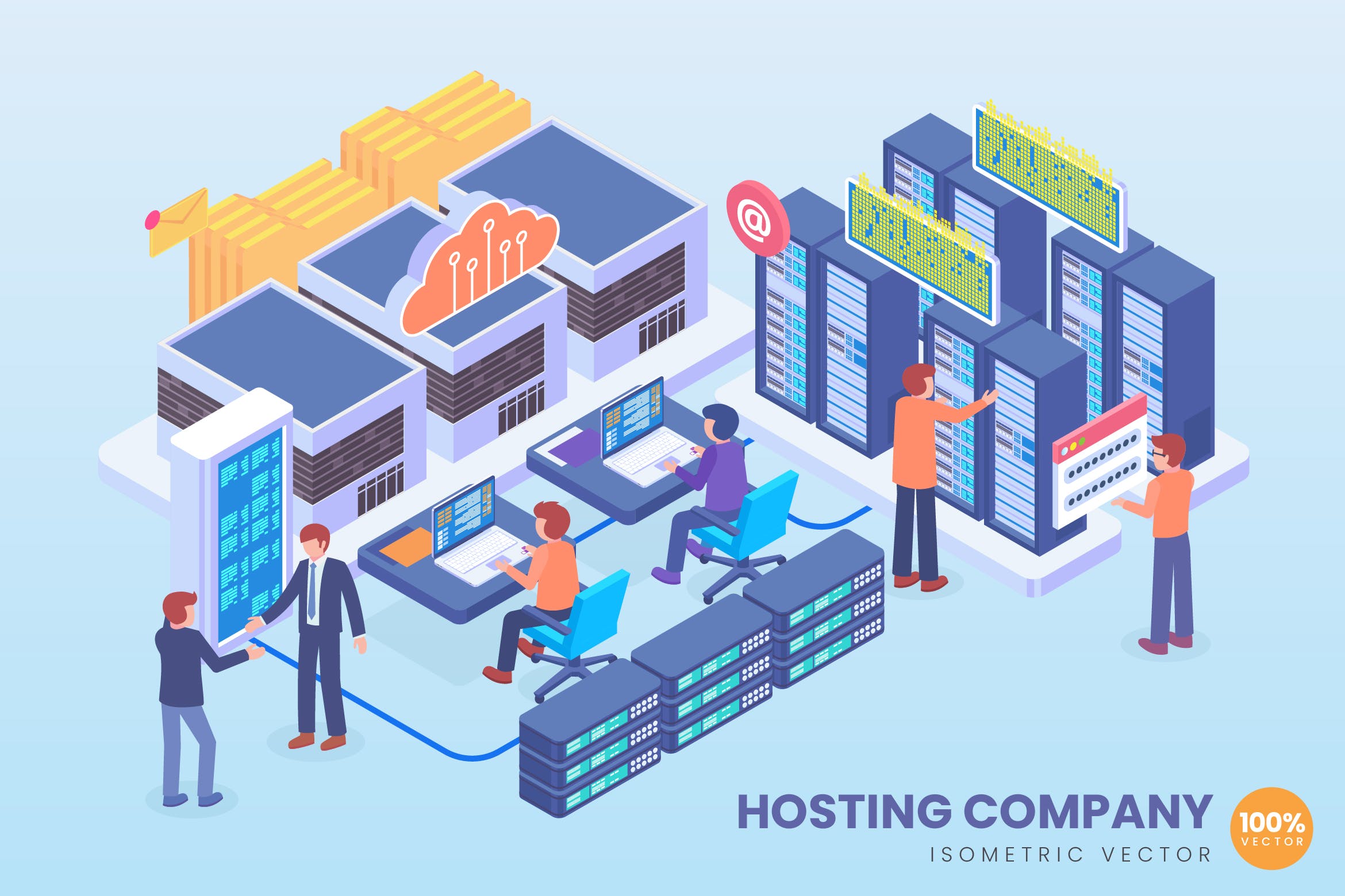 服务器托管公司等距矢量概念插画素材 Isometric Hosting Company Vector Concept插图