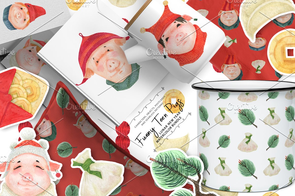 2019年有趣的猪头像水彩元素插画合集插图(2)