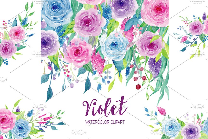 紫色水彩花卉剪辑收藏 Watercolor Clipart Violet Collection插图
