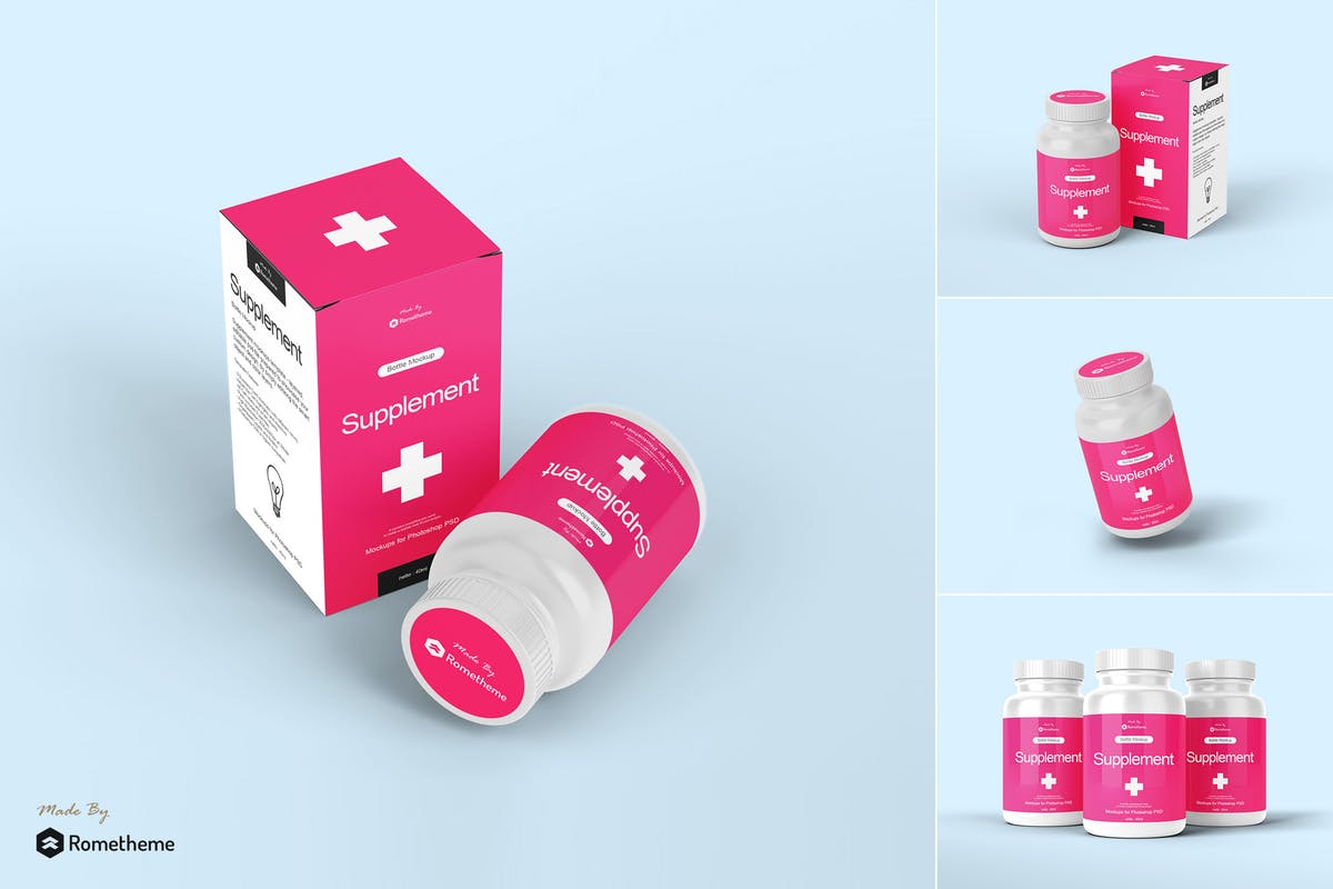 营养补充瓶药品包装设计样机模板V1 Supplement Bottle Mockup vol.1插图
