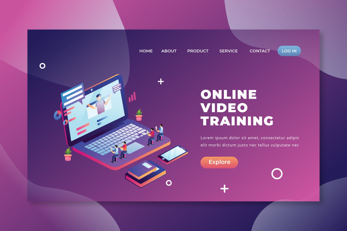 在线视频培训主题插画网站着陆页设计PSD&AI模板 Online Video Training – PSD and AI Landing Page插图