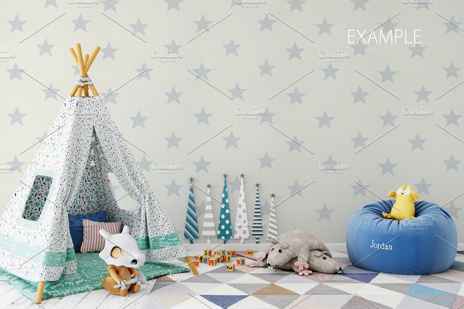 儿童主题室内墙纸设计展示和相框画框样机 Kids Interior Wall & Frames Mockup 1插图(31)