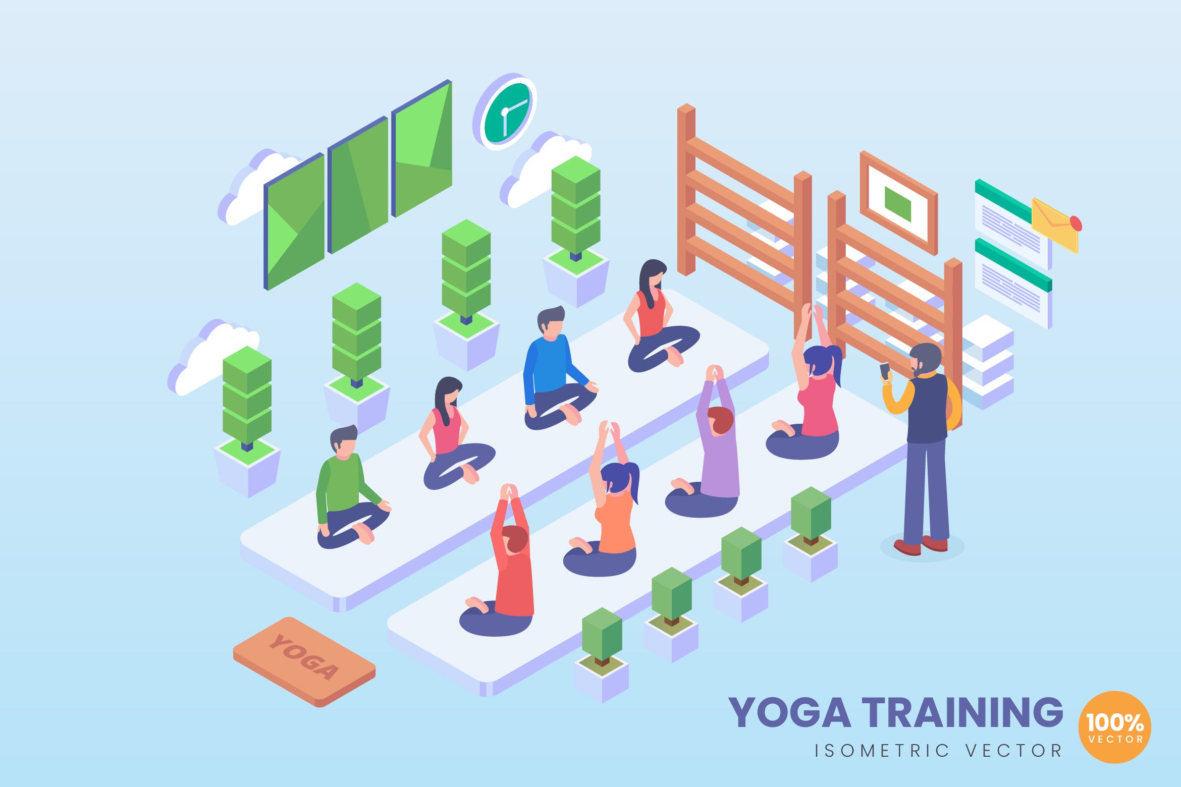 瑜伽培训场景等距矢量概念插画 Isometric Yoga Training Vector Concept插图