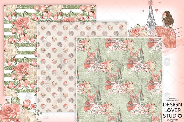 食物元素水彩花卉剪贴画设计套装 Paris je t’aime digital paper pack插图(5)