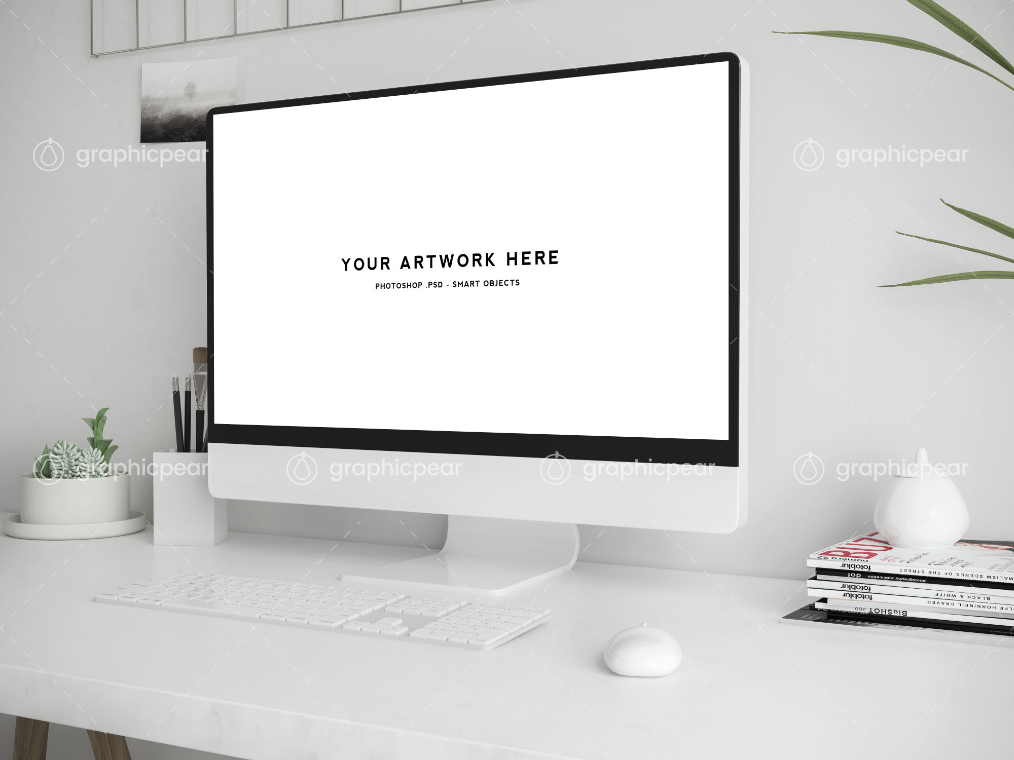 办公桌场景-iMac一体机屏幕演示样机模板 Workspace Scene Mockup – Mac Screen插图(1)