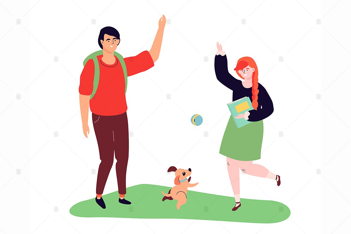 遛狗之人主题扁平设计风格矢量插画素材库精选 Teenagers playing with a dog – flat illustration插图(1)