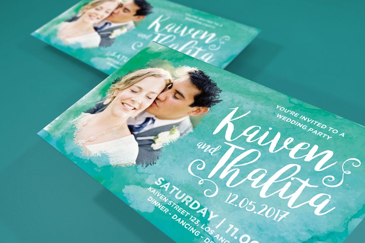 水彩元素婚礼邀请函设计模板 Watercolor Invitation Card插图