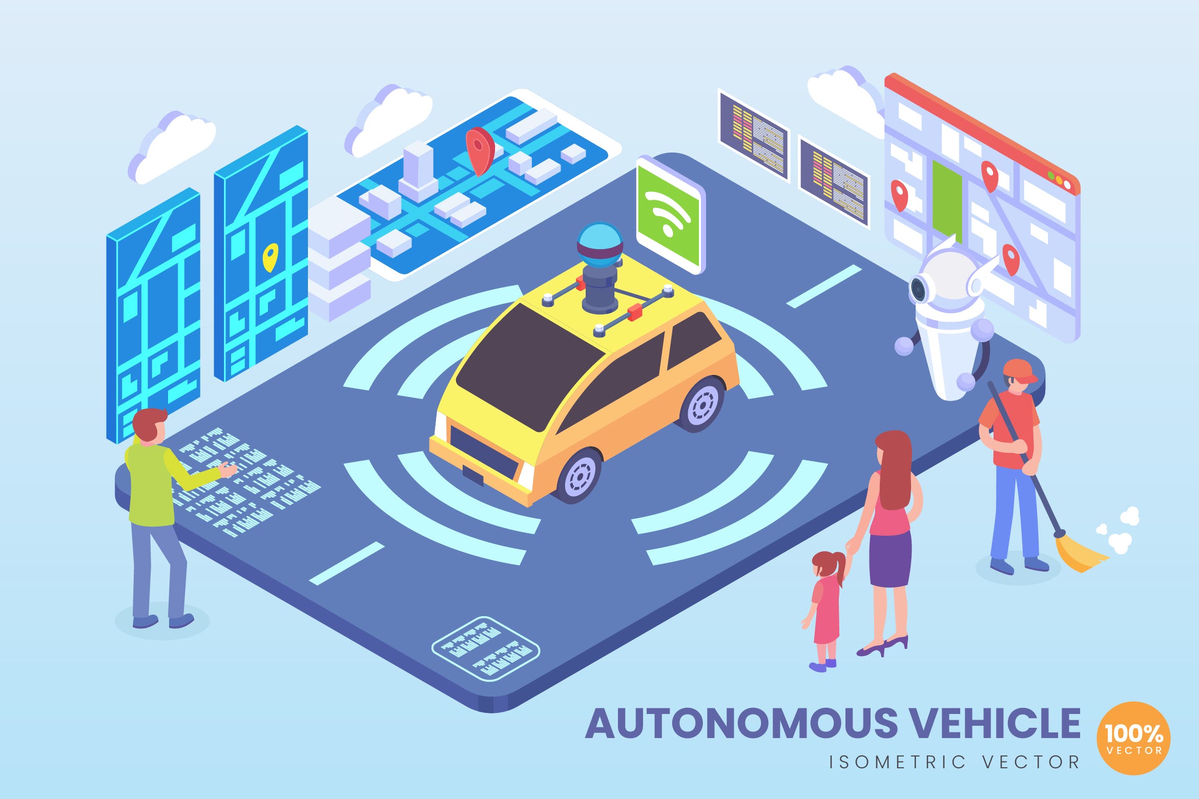 AI智能驾驶技术等距矢量素材库精选概念插画素材 Isometric Autonomous Vehicle Technology Vector插图