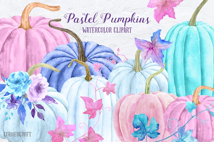 水彩彩色南瓜剪贴画 Watercolor Pastel Pumpkin Clipart插图(1)
