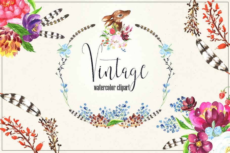 复古花卉和浆果水彩画插画 Vintage flowers & berry Watercolor插图(4)