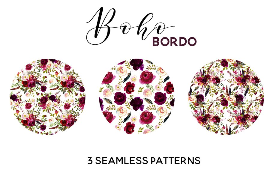 波希米亚式&波尔多水彩花卉剪贴画 Boho Bordo Watercolor Flowers插图(8)