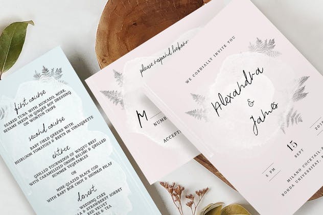 水彩小树枝婚礼邀请函设计模板 Watercolor Sprigs Wedding Invitation Suite插图(1)