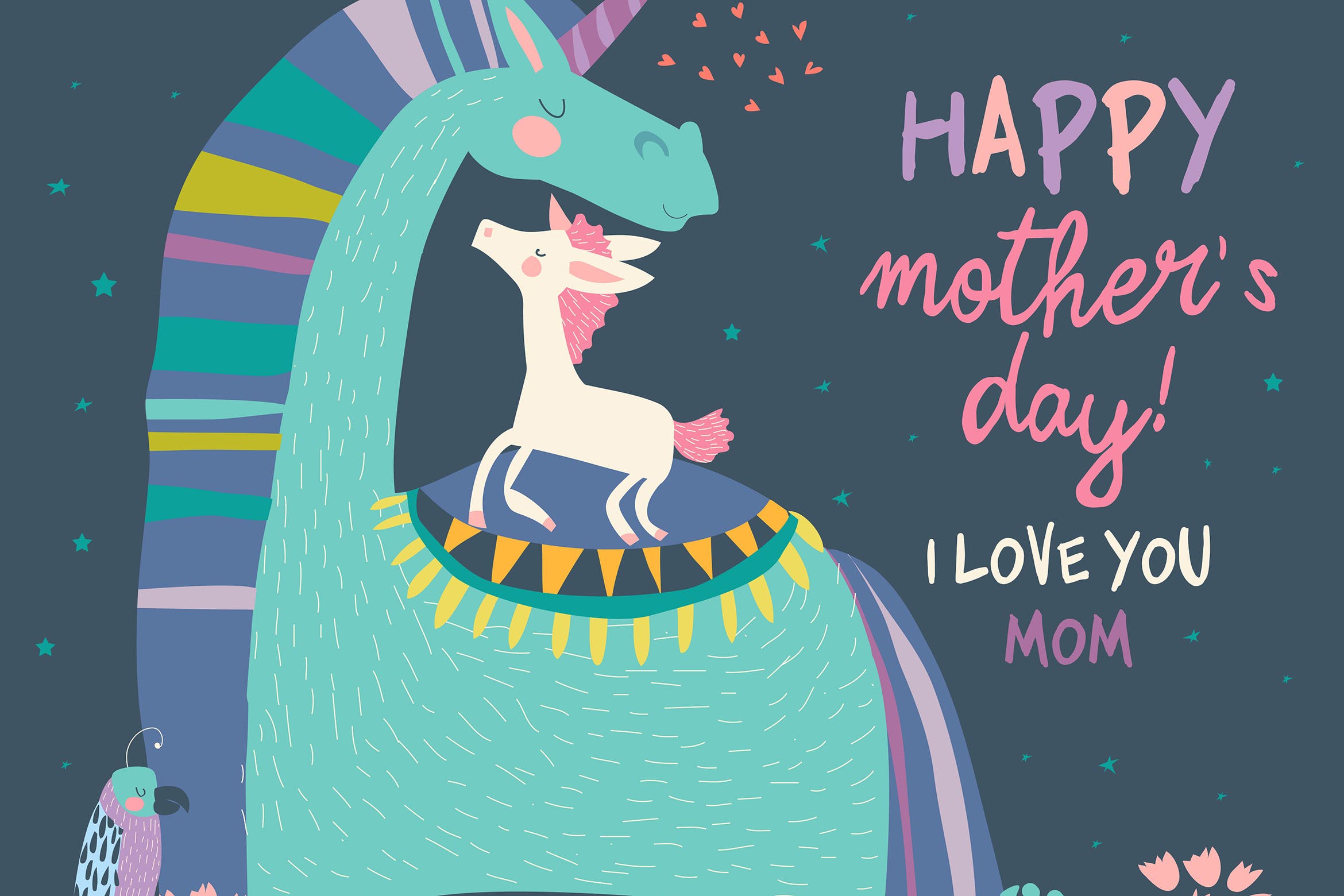 可爱的独角兽宝宝&妈妈素材库精选手绘插画矢量 Cute Small Unicorn with Mom. Vector Illustration.插图