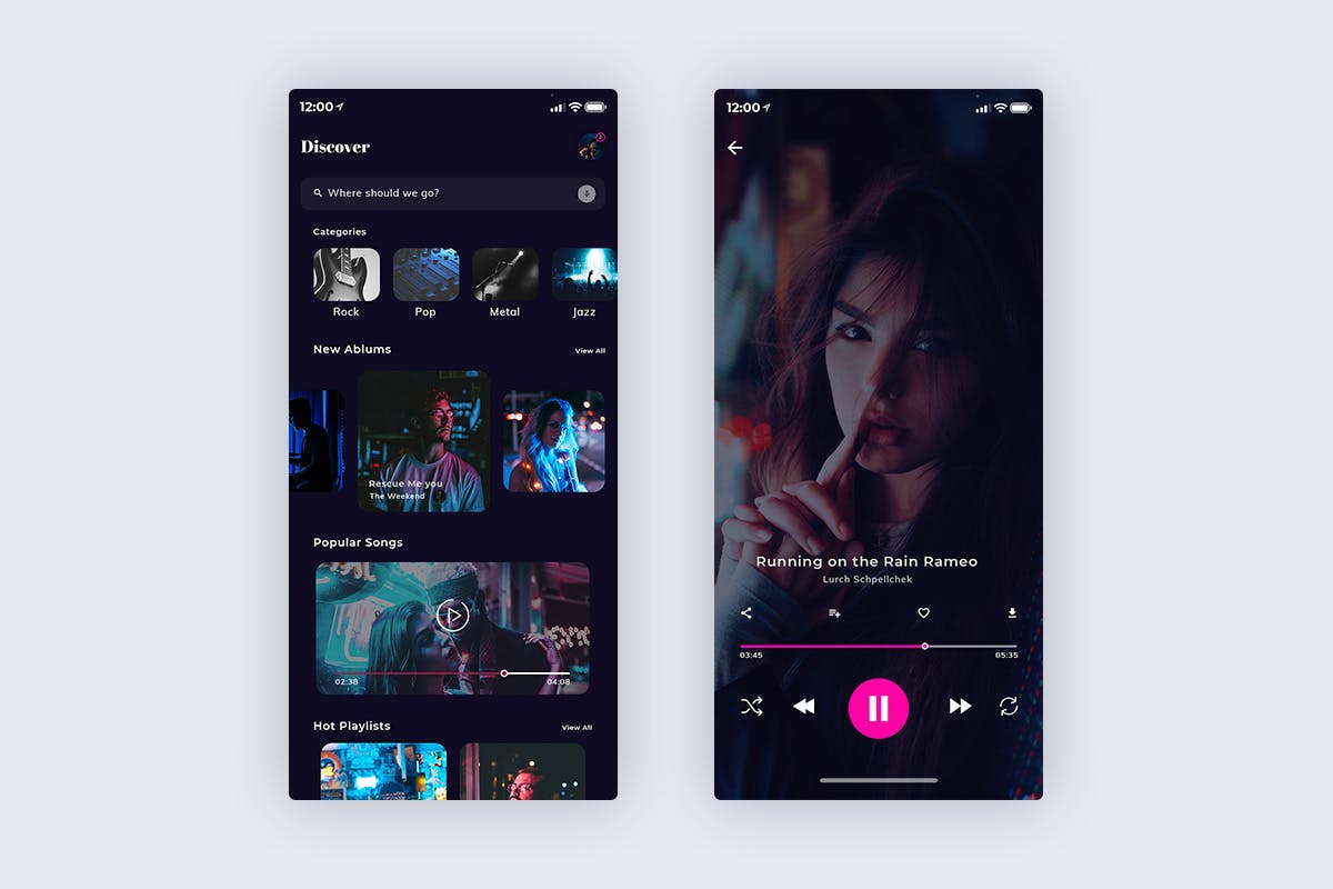 在线音乐播放听歌APP应用UI设计XD模板[夜间模式版本] Xonique-Music MobileApp UI Kit Dark Version (XD)插图(1)