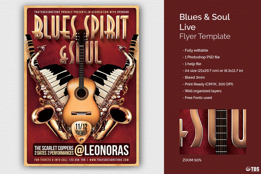 蓝调&灵魂音乐节活动海报传单设计模板 Blues and Soul Live Flyer PSD插图