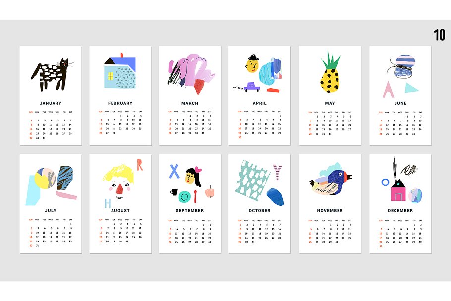 水彩涂鸦日历模板 2017 CALENDARS | raster & vector插图(13)