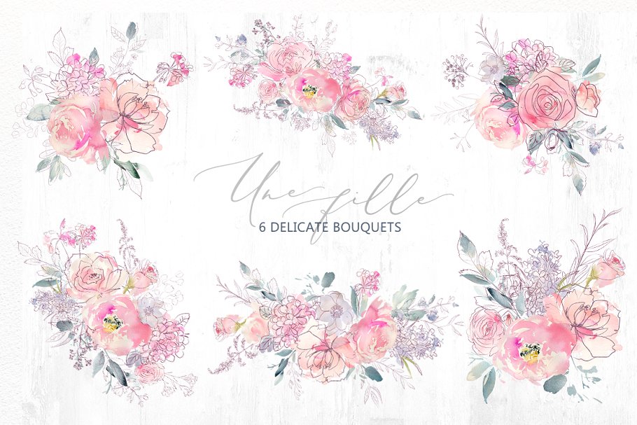 极力推荐：梦幻水彩花卉&涂鸦线条素材包 Une Fille Watercolor Artistic Set [2.7GB]插图(6)
