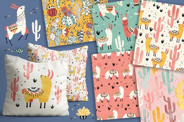 美洲驼和仙人掌水彩剪贴画&纹理 Llamas and Cacti插图(3)