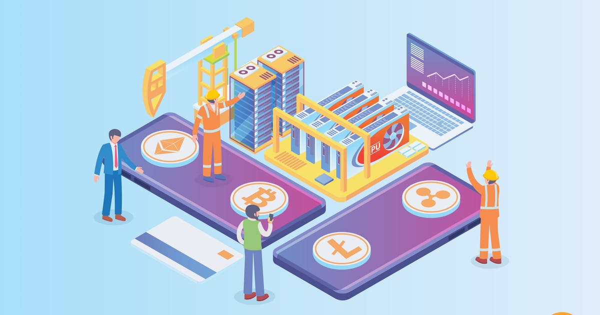 加密货币挖掘技术等距2.5D矢量概念插画 Isometric Crypto Mining Technology Vector Concept插图