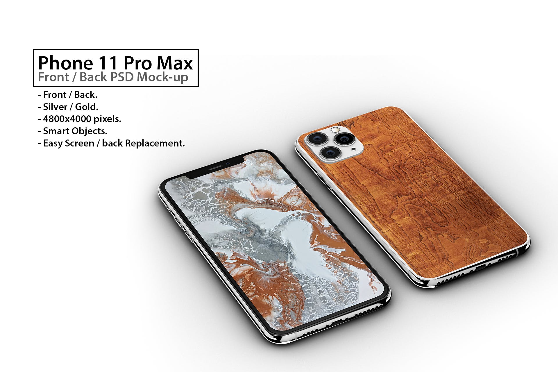 iPhone 11手机正方面视图样机模板 Tabled Phone 11 Front & Back PSD Mock-up插图