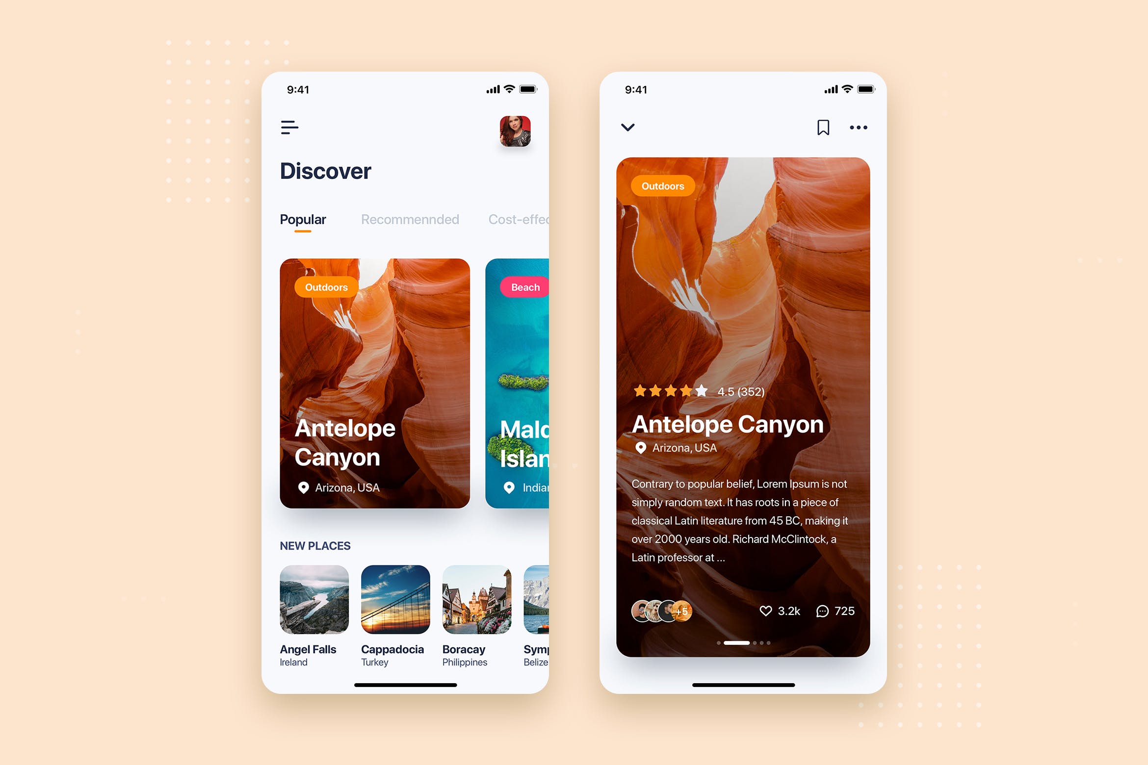旅游社交APP应用首页&景点分享界面设计素材库精选模板 Travel Mobile App UI Kit Template插图