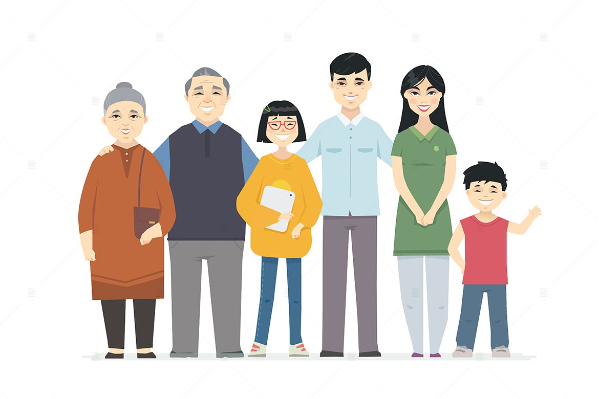 快乐中国家庭卡通人物矢量插画素材 Happy Chinese family – cartoon people characters插图(1)