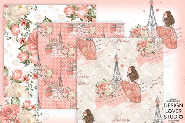 食物元素水彩花卉剪贴画设计套装 Paris je t’aime digital paper pack插图(2)