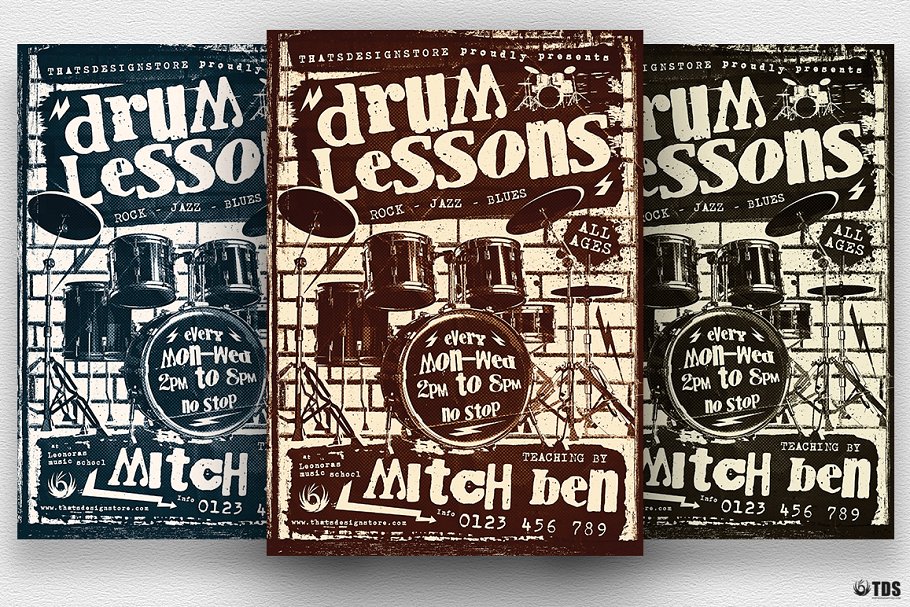 架子鼓演奏乐队表演宣传PSD模板V1 Drum Lessons Flyer PSD V1插图(1)