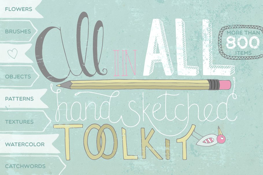 多合一手绘草图设计工具包[对象/笔刷/纹理/水彩…] All in All [800+ items] Pro插图