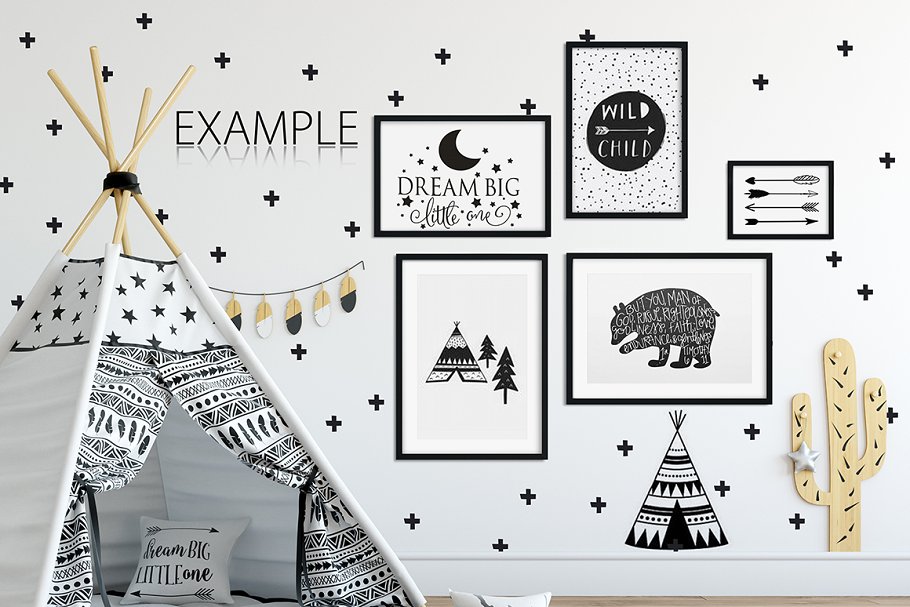 儿童卧室书房墙纸&相框样机 KIDS Interior WALL & FRAMES Mockup 3插图(21)