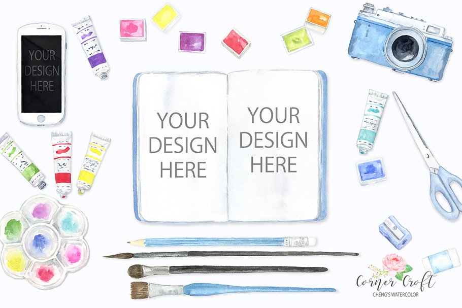 水彩设计元素素材包 Watercolor Art Material Mockup插图(2)