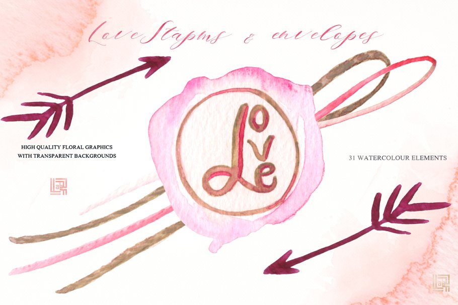 浪漫而温柔的爱情心形元素印章插画 Love stamps envelopes hearts clipart插图(5)