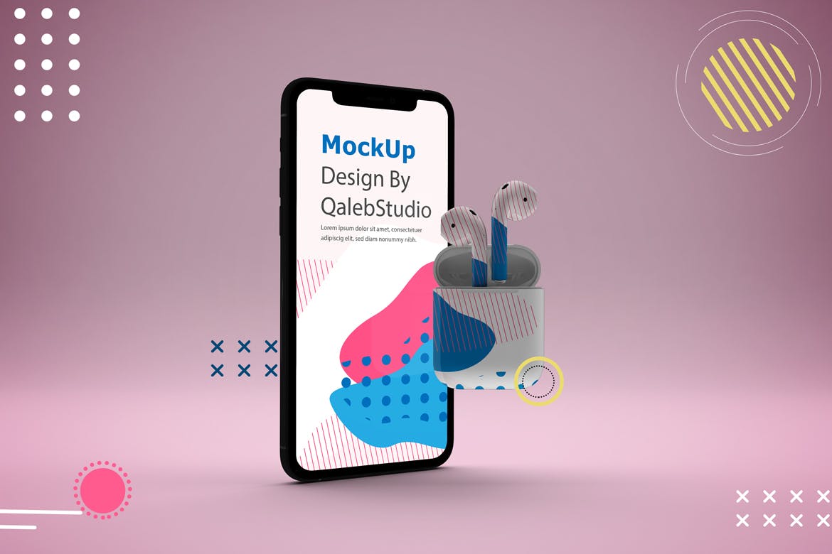 抽象设计风格iPhone 11手机&AirPods耳机素材库精选样机模板 Abstract iPhone 11 & AirPods Mockup插图(4)