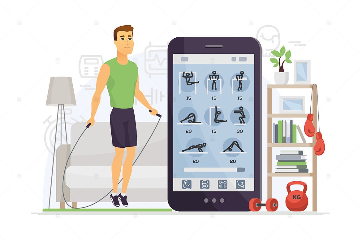 家庭健身卡通人物矢量插画 Home fitness – cartoon character illustration插图