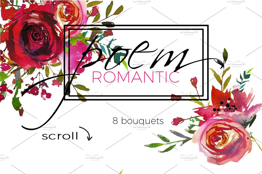 红色品红色水彩花卉插画 Red Magenta Watercolor Florals插图(4)