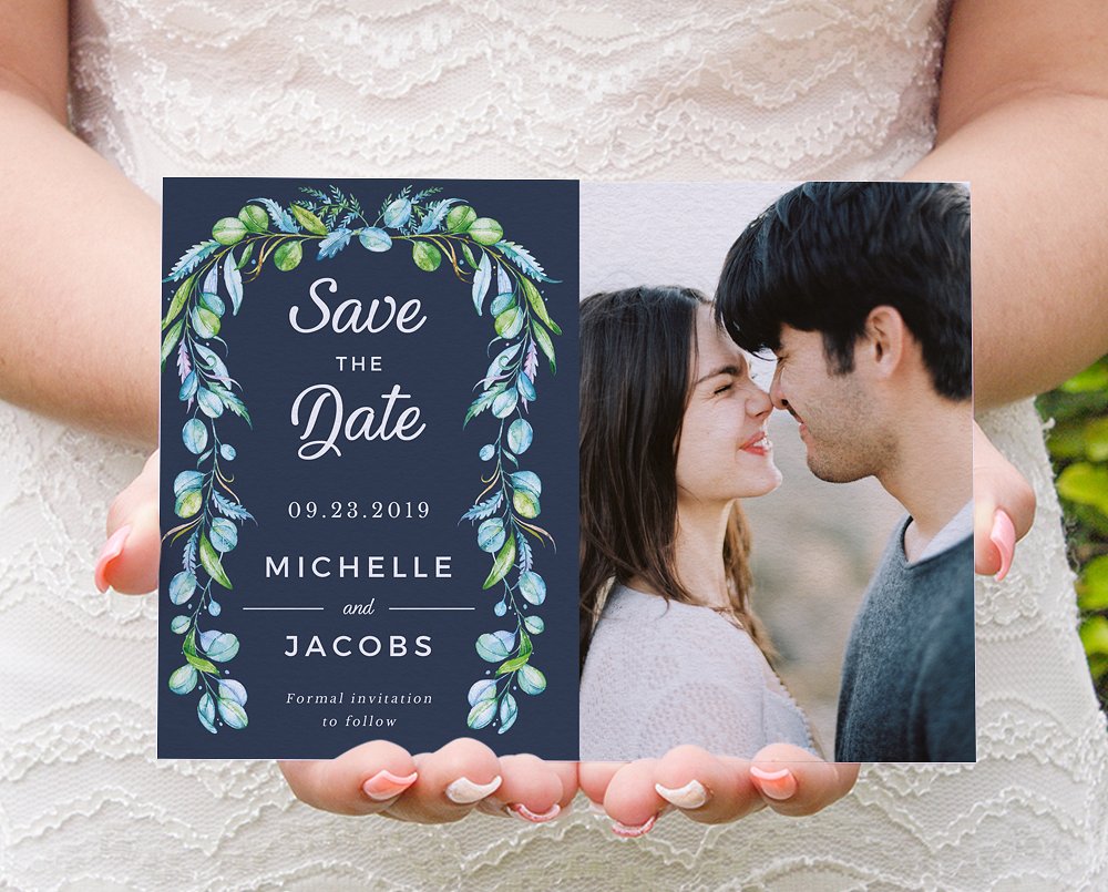 绿叶装饰框婚礼邀请设计套件 Greenery Foliage Frame on Blue插图(5)