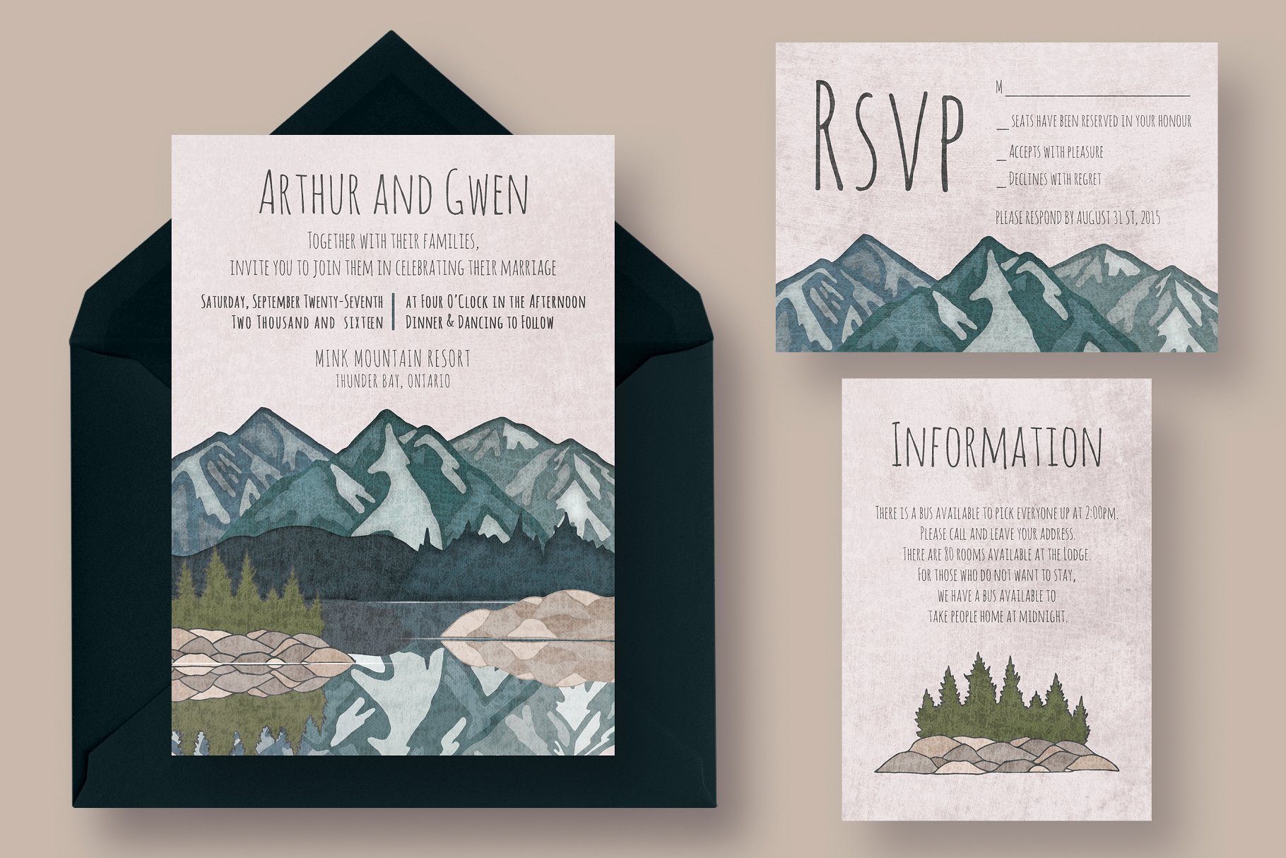 山水如画水彩婚礼设计物料模板 Mirror Lake Wedding Suite插图(2)