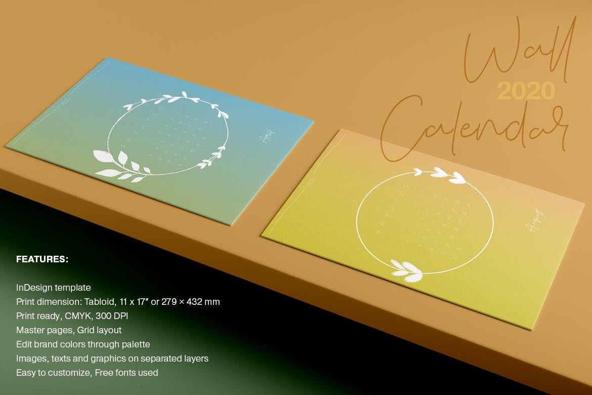 2020年简约植物手绘图案日历表设计模板 Wall Calendar 2020 Layout插图