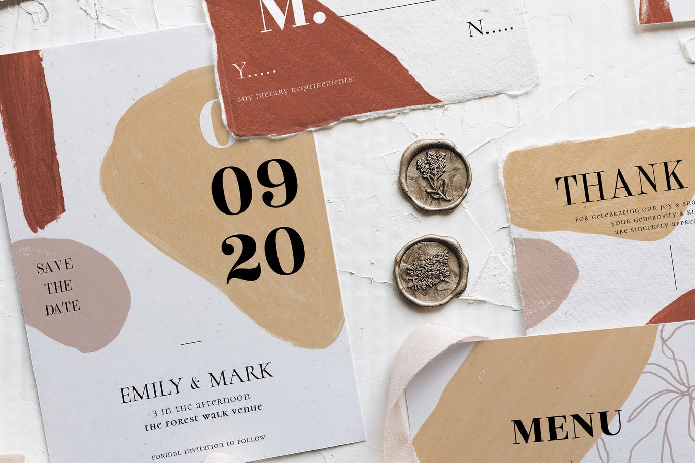 现代抽象水彩图案撕纸风格婚礼邀请设计套件 Modern Abstract Wedding Suite插图(5)