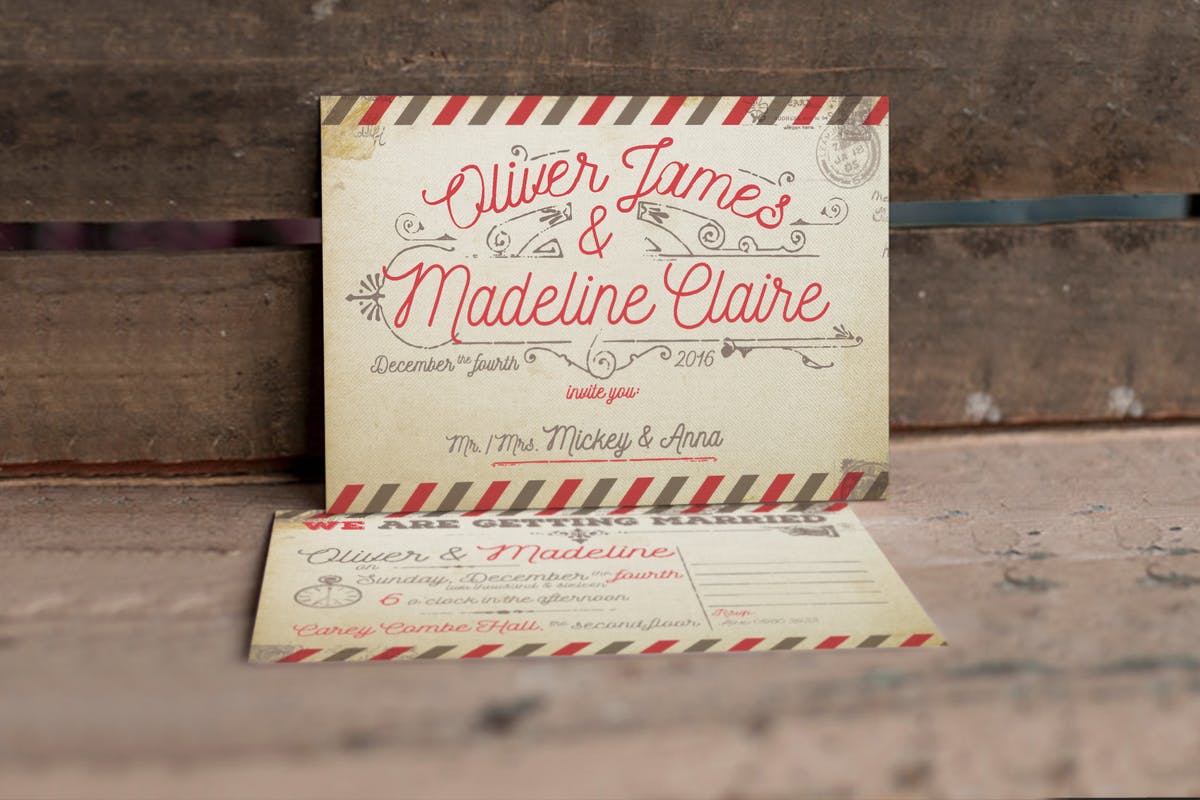 复古航空邮件婚礼请柬设计模板 Vintage Airmail Wedding Invitation插图