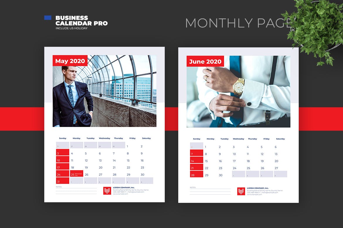 简约商务设计风格2020年日历表设计模板v1 2020 Clean Business Calendar with US Holiday插图(5)