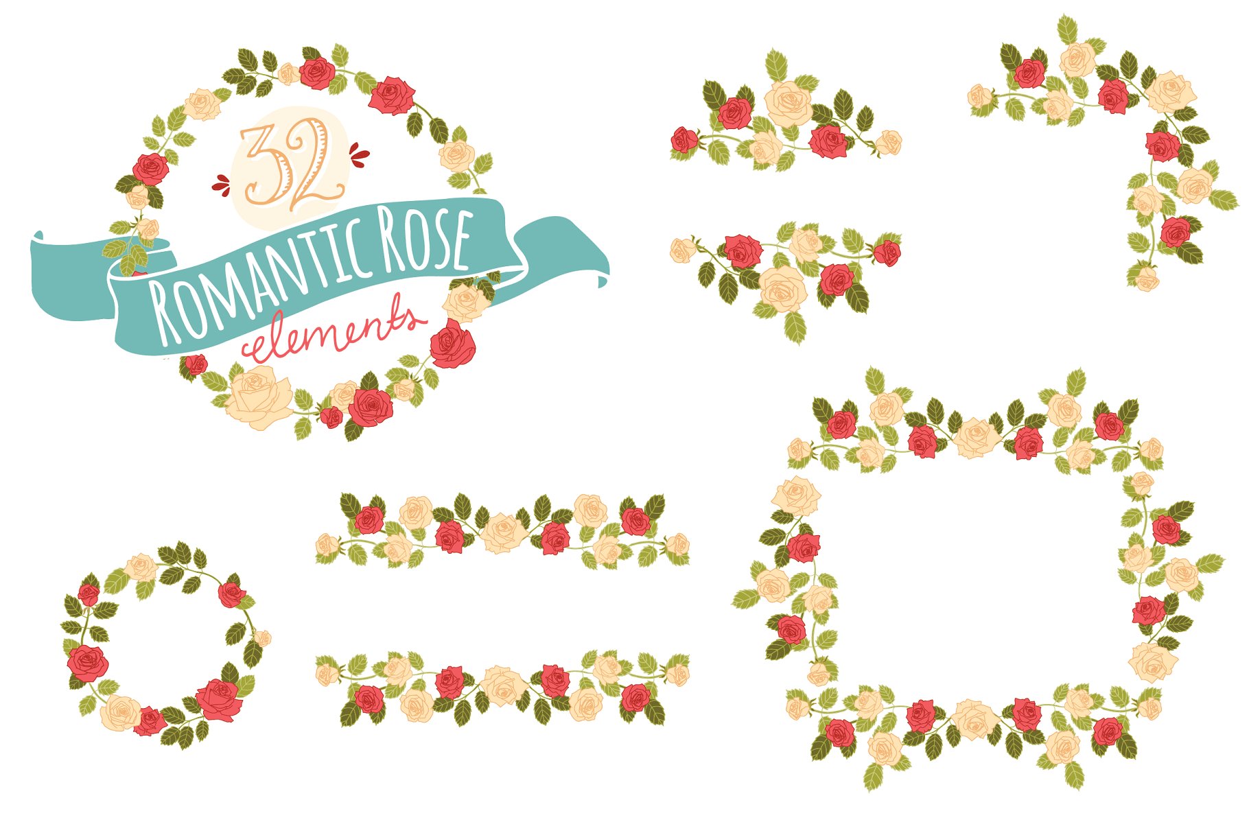 手绘玫瑰花元素矢量插画 Hand Drawn Rose Elements Vector插图(1)