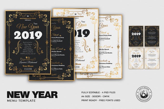 高级餐厅豪华金边框新年聚餐菜单PSD模板V1 New Year Menu Template V1插图(1)