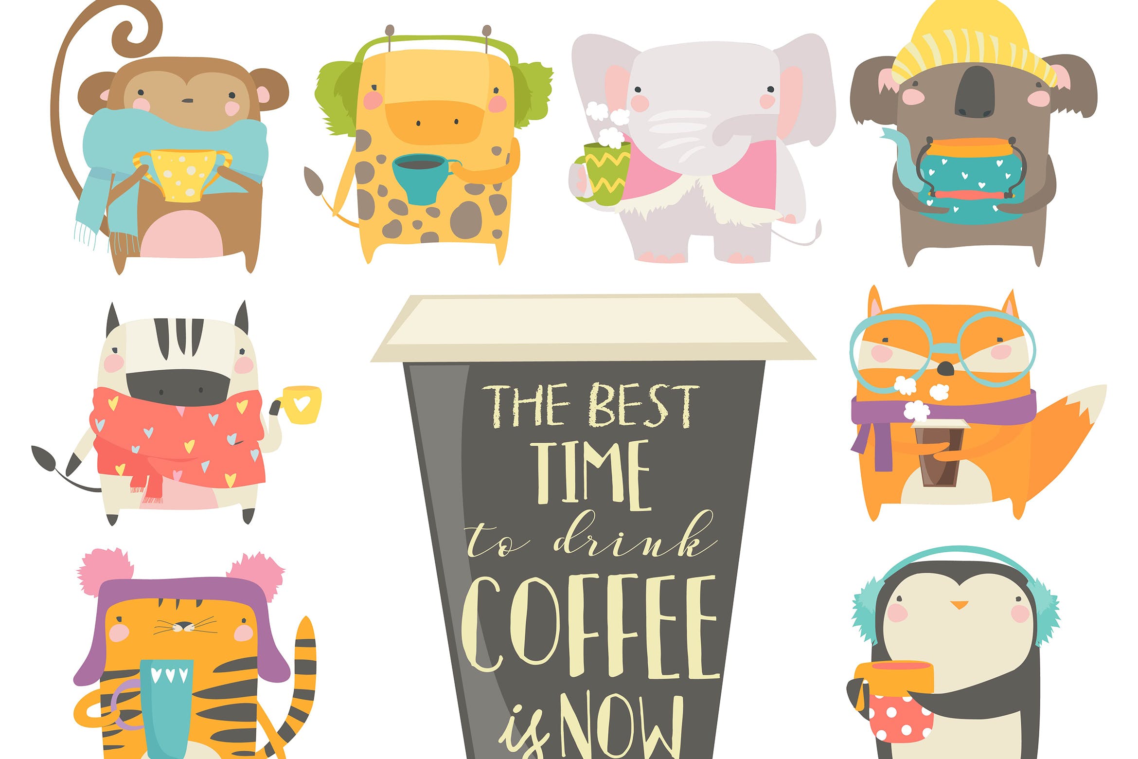 创意卡通动物矢量插画素材 Vector collection animals in sweater and scarf插图