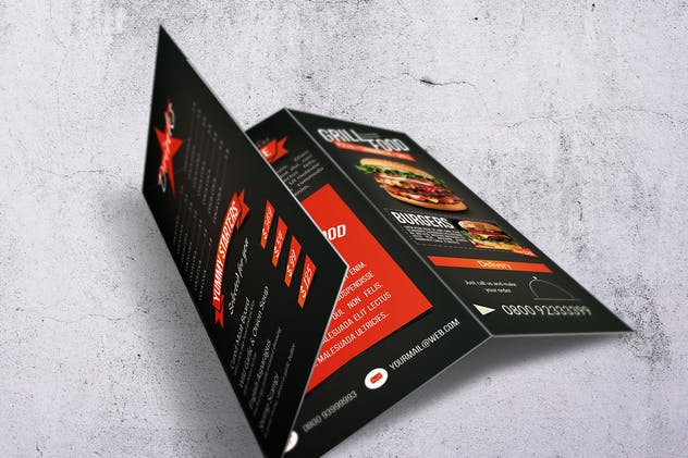 烧烤吧主题餐厅三折页食物菜单模板 Grill BBQ Trifold Food Menu插图(1)